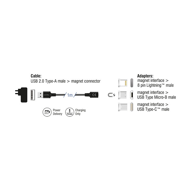 DeLOCK 88165 Set de cable de carga magnético con adaptadores Lightning, Micro USB y USB Type-C, 1 m, Negro