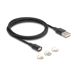 DeLOCK 88165 Set de cable de carga magnético con adaptadores Lightning, Micro USB y USB Type-C, 1 m, Negro