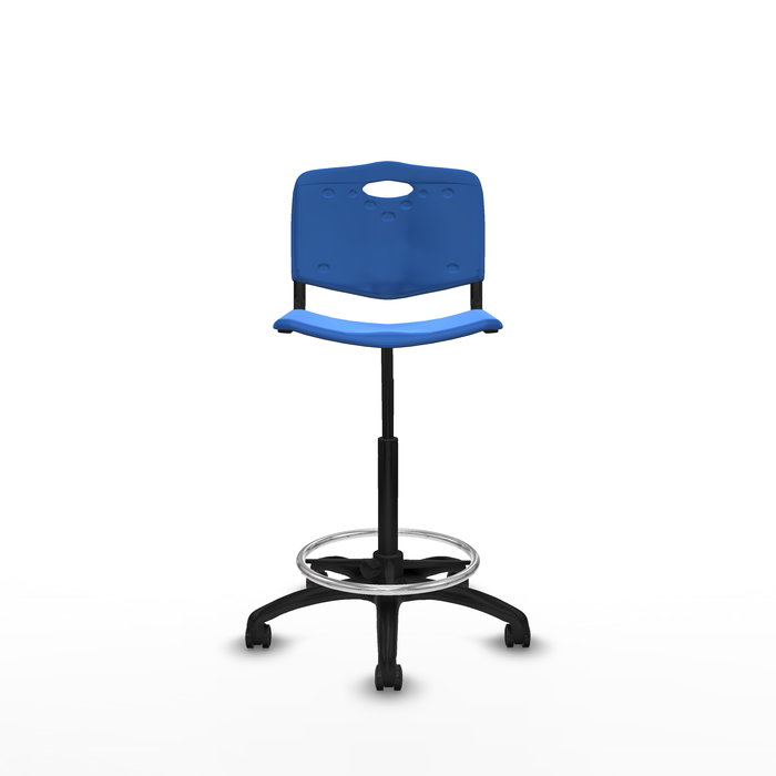 Taburete Robledo con mecanismo Giratorio de PVC color Azul. Equipado con Base poliamida negra, Sin brazos y Ruedas de parqué