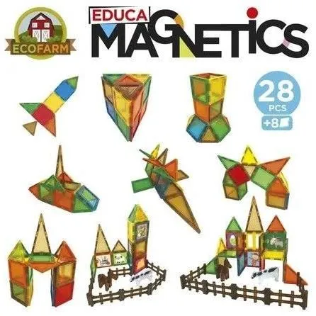 Educa Juego de construcción Magnetics Ecoferme EDU8412668202696 - 28 piezas magnéticas, 2 animales, 8 cartas - A partir de 3 años