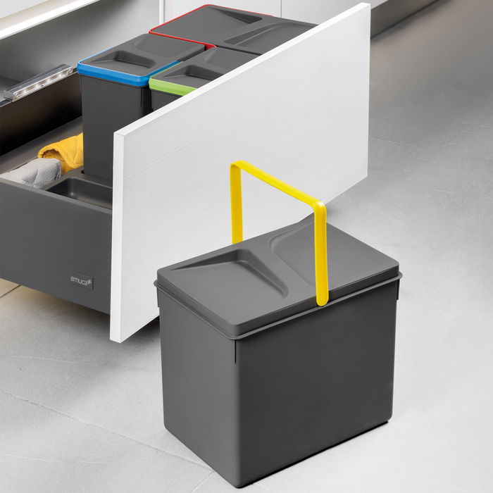 Emuca Kit de contenedores de reciclaje para cajón de cocina Recycle altura 216mm, 2x12litros, Plástico gris antracita