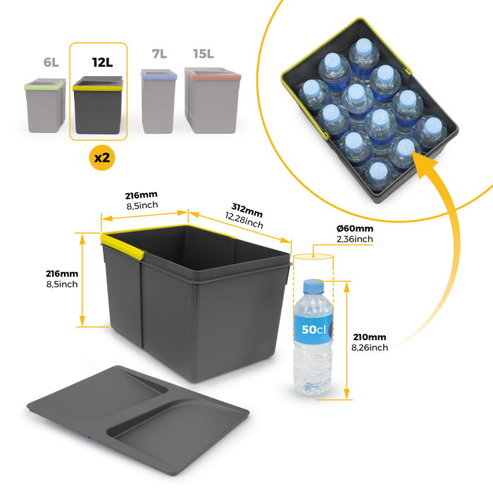 Emuca Kit de contenedores de reciclaje para cajón de cocina Recycle altura 216mm, 2x12litros, Plástico gris antracita