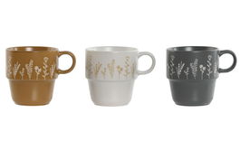 DKD Home Decor Taza Gris Mostaza Blanco 9.5 x 10 x 12.5 cm (6 Unidades) Gres Botánico Apto Microondas y Lavavajillas 400ml