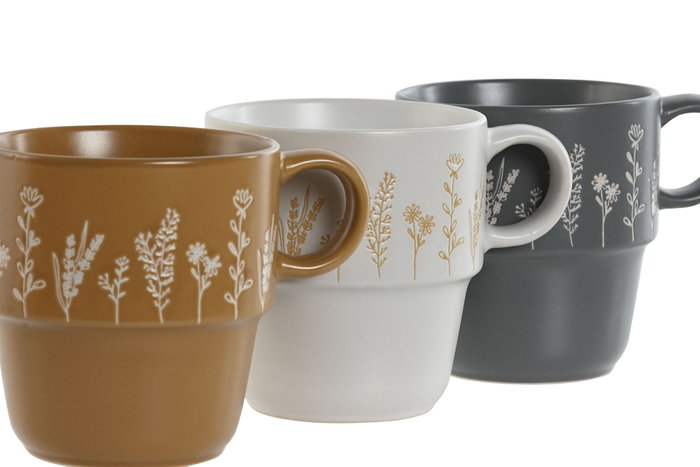 DKD Home Decor Taza Gris Mostaza Blanco 9.5 x 10 x 12.5 cm (6 Unidades) Gres Botánico Apto Microondas y Lavavajillas 400ml