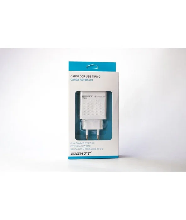 Eightt EQC3 Cargador Rápido QC 3.0 y PD 3.0 de 18W con 2 Puertos (USB-A y USB-C) para Smartphones, Blanco