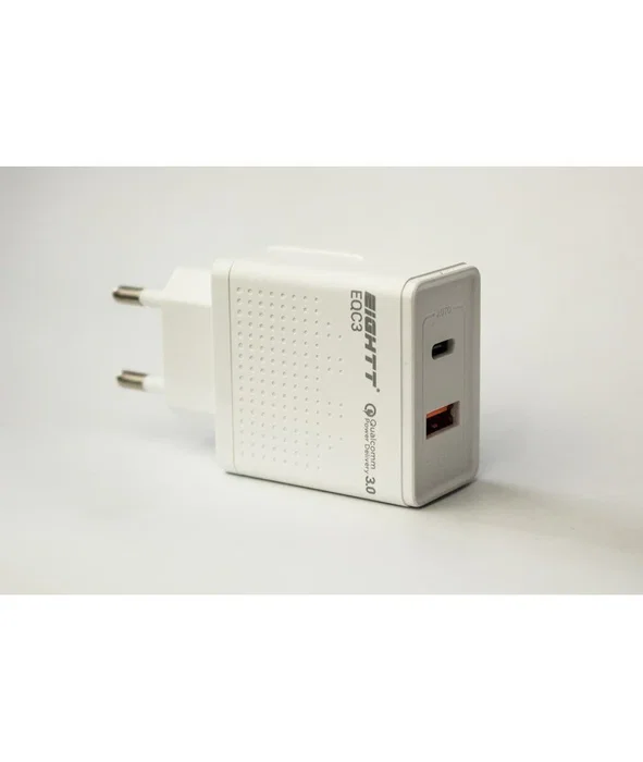 Eightt EQC3 Cargador Rápido QC 3.0 y PD 3.0 de 18W con 2 Puertos (USB-A y USB-C) para Smartphones, Blanco