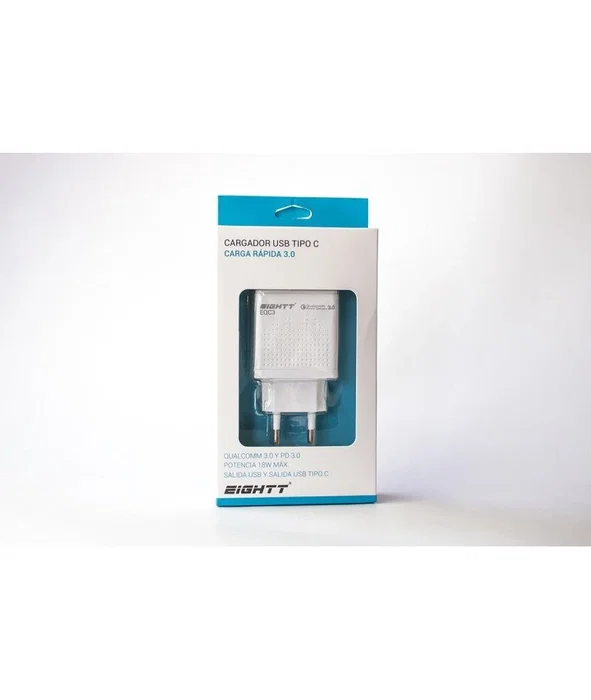 Eightt EQC3 Cargador de Carga Rápida con 2 Puertos USB-C y USB-A, 18W, Blanco