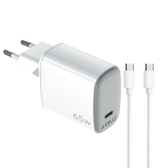 Celly UPTC1USBC65WCTC - Cargador de Pared USB-C 65W con Tecnología GaN, Cable USB-C a USB-C 2m, para Portátiles, Tabletas y Smartphones, Blanco