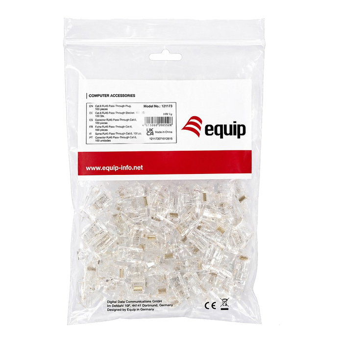 EQUIP 121173 Conectores RJ45 Cat6 UTP sin blindaje, 100 unidades, transparente