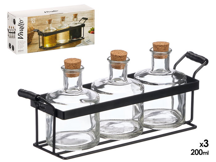 Vivalto Set de 3 Frascas con Tapón de Corcho 200 ml con Soporte de Metal (Set de 12) Vivalto Set de 3 Frascas con Tapón de Corcho 200 ml con Soporte de Metal (Set de 12)