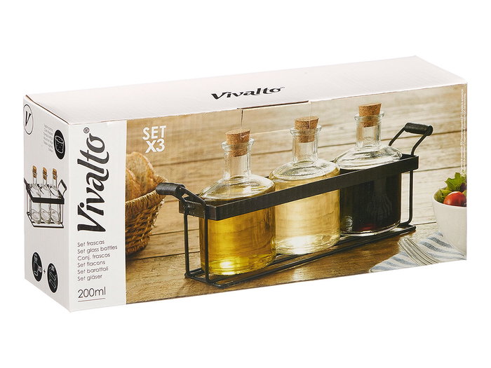 Vivalto Set de 3 Frascas con Tapón de Corcho 200 ml con Soporte de Metal (Set de 12) Vivalto Set de 3 Frascas con Tapón de Corcho 200 ml con Soporte de Metal (Set de 12)