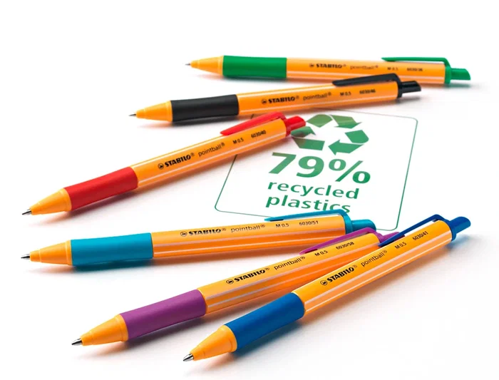 Stabilo Pointball Bolígrafo Retráctil, Punta 0.5 mm, Tinta Azul, 79% Plástico Reciclado