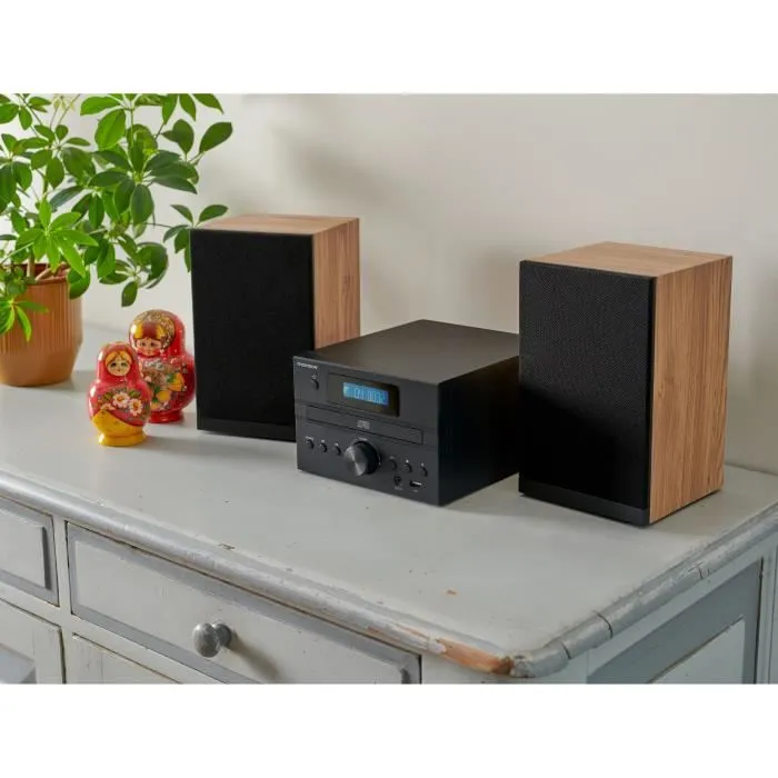 Thomson THO1720570876072 Microsistema Bluetooth Madera/Negro Radio FM/CD/MP3/USB 20W RMS Toma Auriculares Mando a Distancia 230V