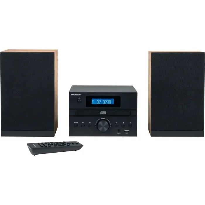 Thomson THO1720570876072 Microsistema Bluetooth Madera/Negro Radio FM/CD/MP3/USB 20W RMS Toma Auriculares Mando a Distancia 230V