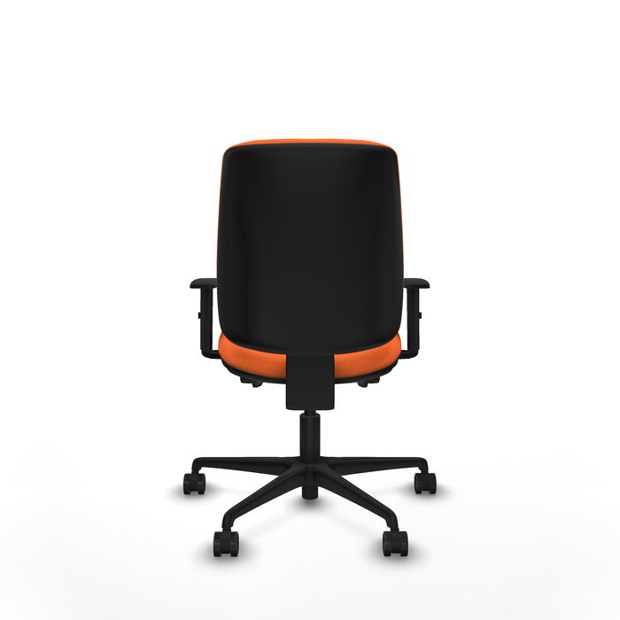 Silla de oficina Alares con mecanismo Sincro/Traslack tapizada con Tela color Naranja. Equipada con Base nailon negra, Brazos 1D y Ruedas 65mm nailon