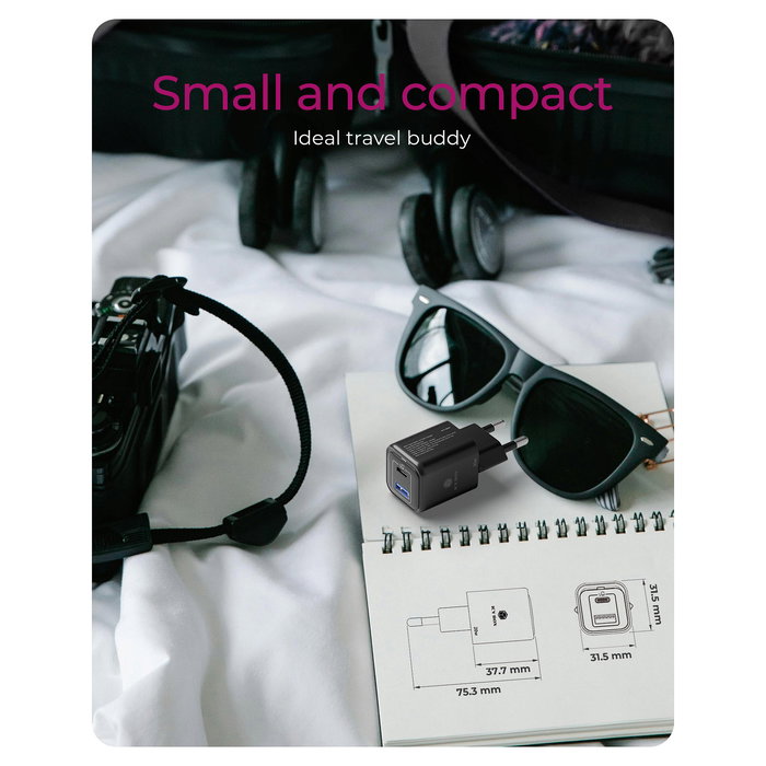 ICY BOX IB-PS1020-PD Cargador de Pared 20W 2 Puertos USB Tipo-C y Tipo-A con Power Delivery 3.0 y Quick Charge 3.0 para Dispositivos Móviles, Negro