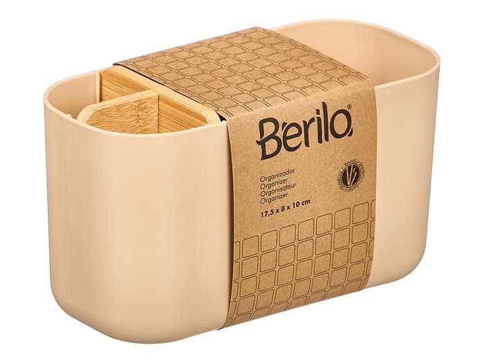Berilo Organizador de Escritorio con Bambú, Plástico PP, 5 Huecos, Color Beige, Dimensiones 17.8 x 10 x 8 cm (Set de 24)