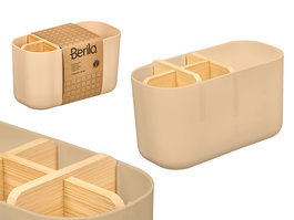 Berilo Organizador de Escritorio con Bambú, Plástico PP, 5 Huecos, Color Beige, Dimensiones 17.8 x 10 x 8 cm (Set de 24)