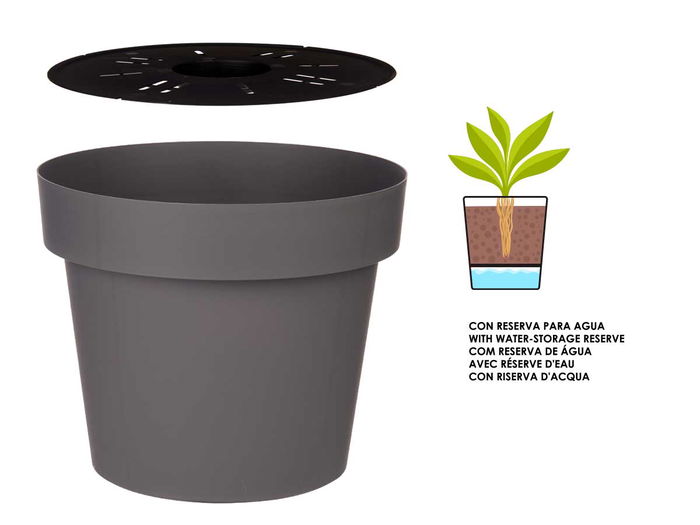 Ibergarden Maceta Plástico Gris con Reserva de Agua 35 cm, 18 l, 34x34x29 cm (Set de 6)