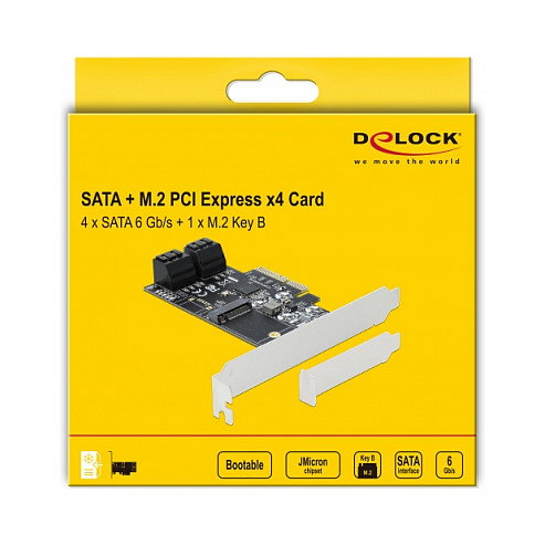 DeLOCK 90396 Tarjeta PCI Express x4 con 4 Puertos SATA III y 1 Ranura M.2 Key B para Conectar Discos, Factor de Forma Low Profile, 6 Gbit/s, Color Negro, Verde, Gris