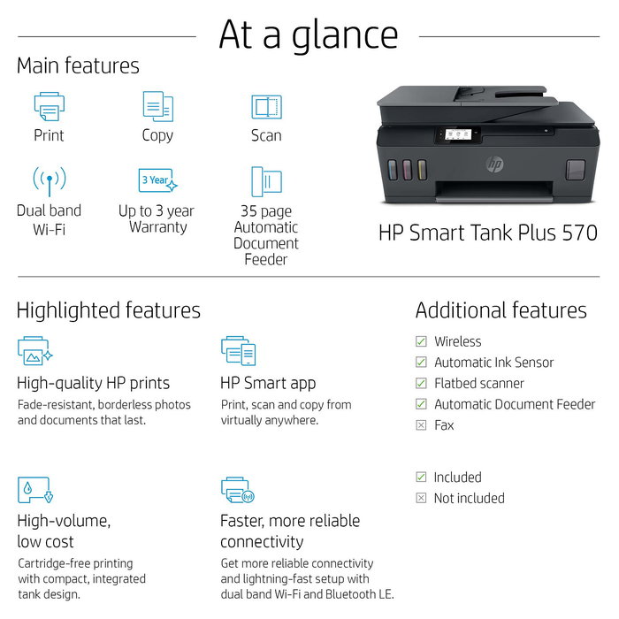 HP Smart Tank Plus 570 Impresora Multifunción 3en1 A4 Color con Tanque de Tinta Inalámbrica WiFi Bluetooth y Alimentador Automático (ADF)