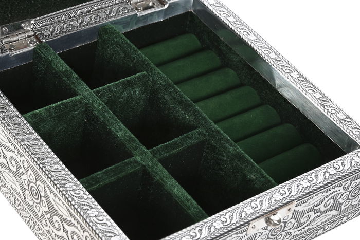 DKD Home Decor Joyero Indio Pavo Real Plateado Verde Madera y Aluminio 18 x 18 x 6 cm