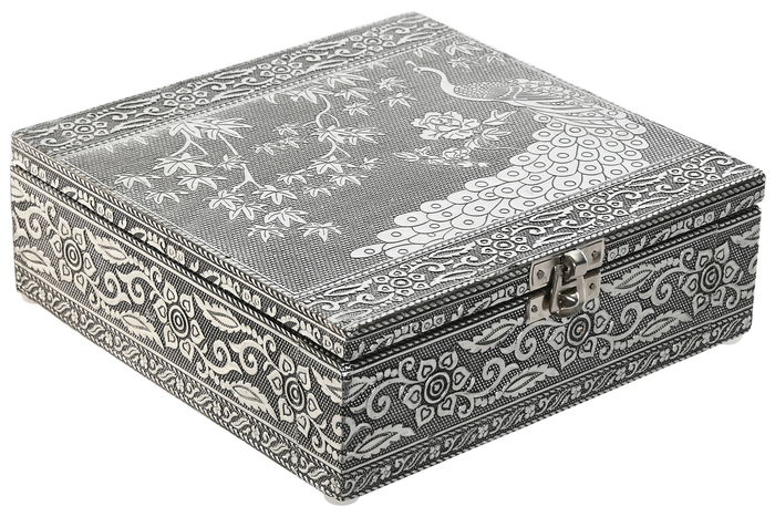 DKD Home Decor Joyero Indio Pavo Real Plateado Verde Madera y Aluminio 18 x 18 x 6 cm