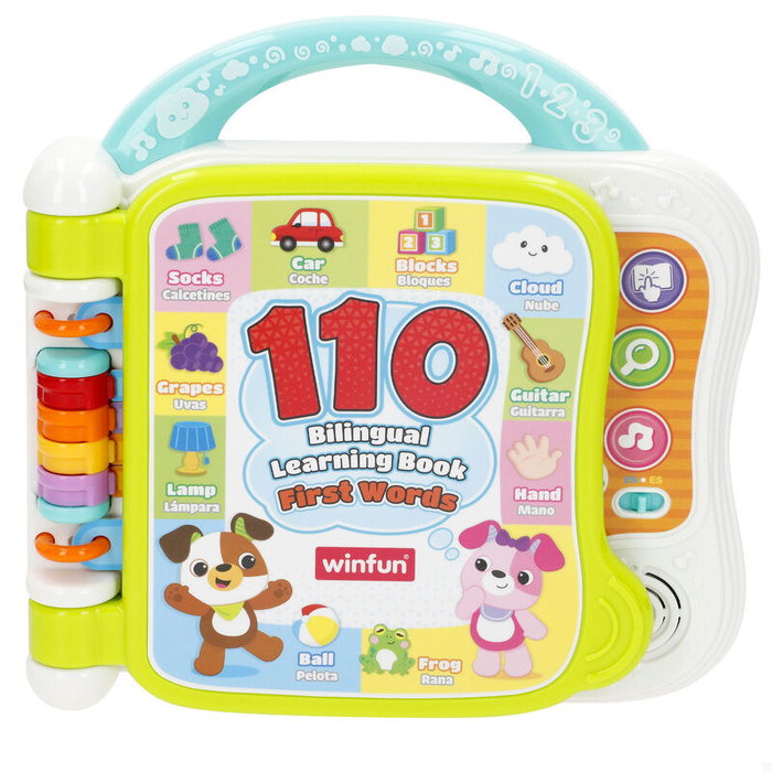 WINFUN Libro Aprendizaje Bilingüe Español/Inglés para Bebés +12 meses, 110 Palabras, Sonidos y Melodías, Sensorial, Tamaño 21x22 cm