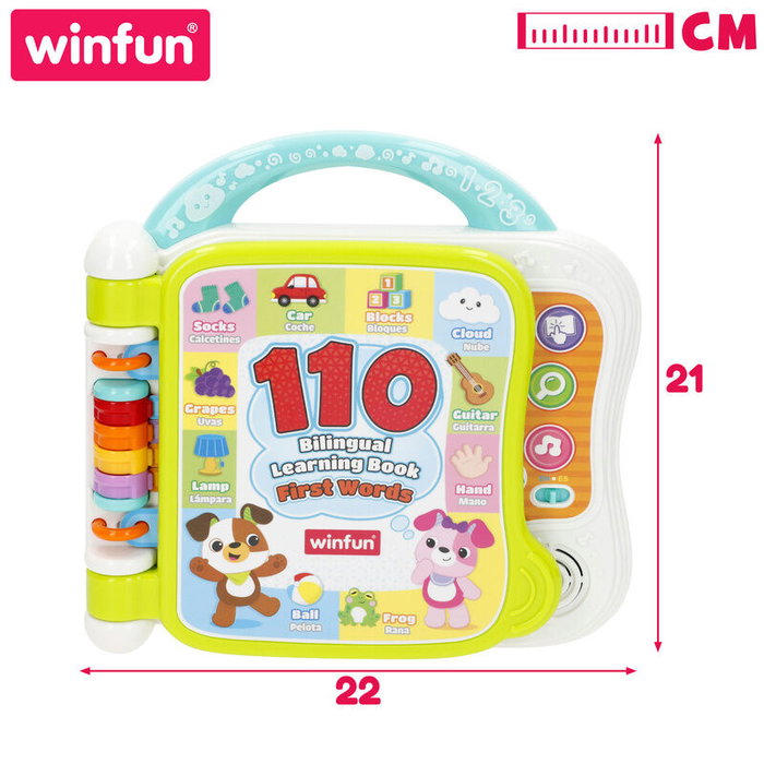 WINFUN Libro Aprendizaje Bilingüe Español/Inglés para Bebés +12 meses, 110 Palabras, Sonidos y Melodías, Sensorial, Tamaño 21x22 cm
