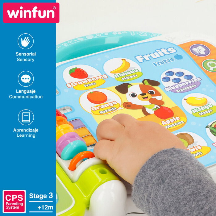 WINFUN Libro Aprendizaje Bilingüe Español/Inglés para Bebés +12 meses, 110 Palabras, Sonidos y Melodías, Sensorial, Tamaño 21x22 cm