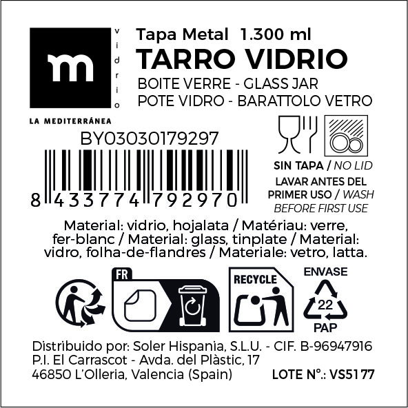 Inde Tarro Vidrio T/Metal 1300ml 10x10x18 cm La Mediterrane (12 Unidades)