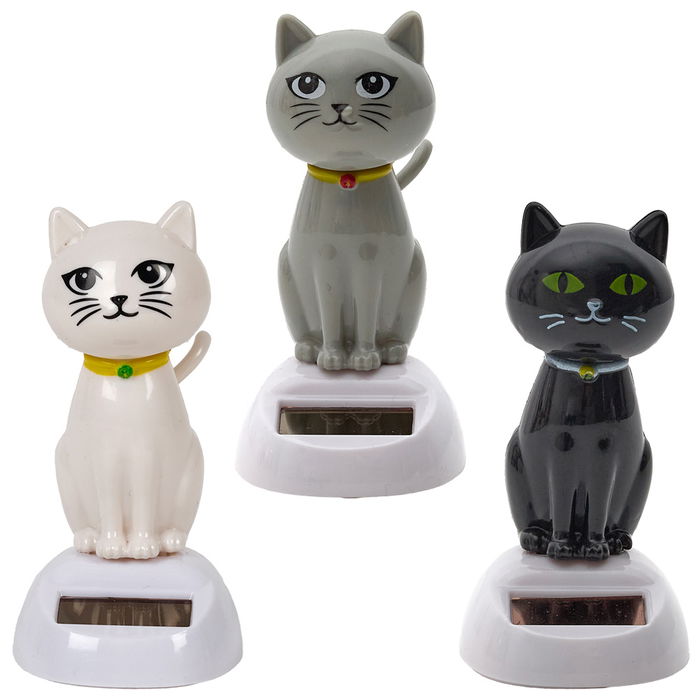 Mister Gadget Gato Bailarín Solar, Mueve la Cabeza con Luz, Blanco, Negro, Gris