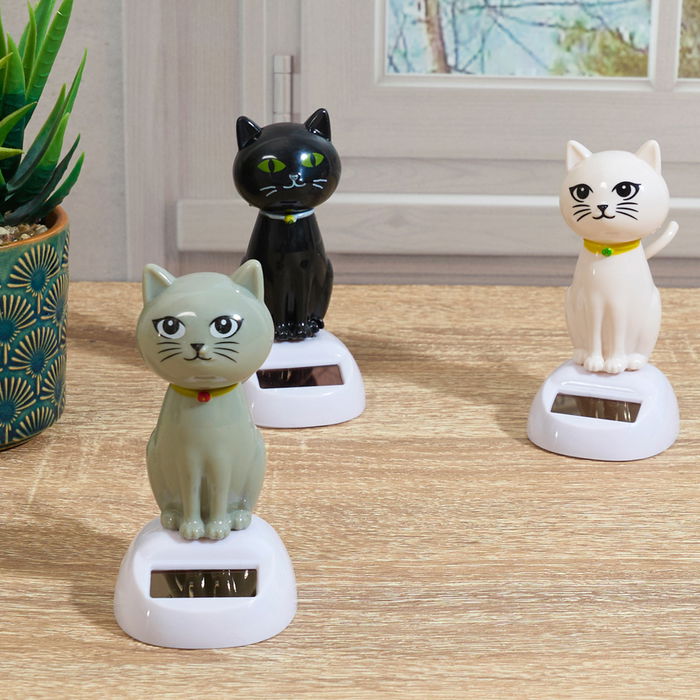 Mister Gadget Gato Bailarín Solar, Mueve la Cabeza con Luz, Blanco, Negro, Gris