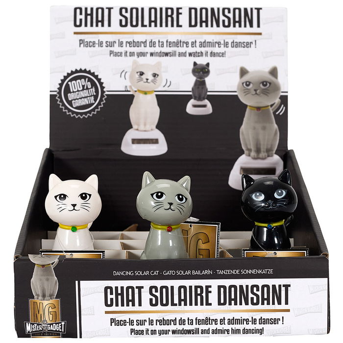 Mister Gadget Gato Bailarín Solar, Mueve la Cabeza con Luz, Blanco, Negro, Gris