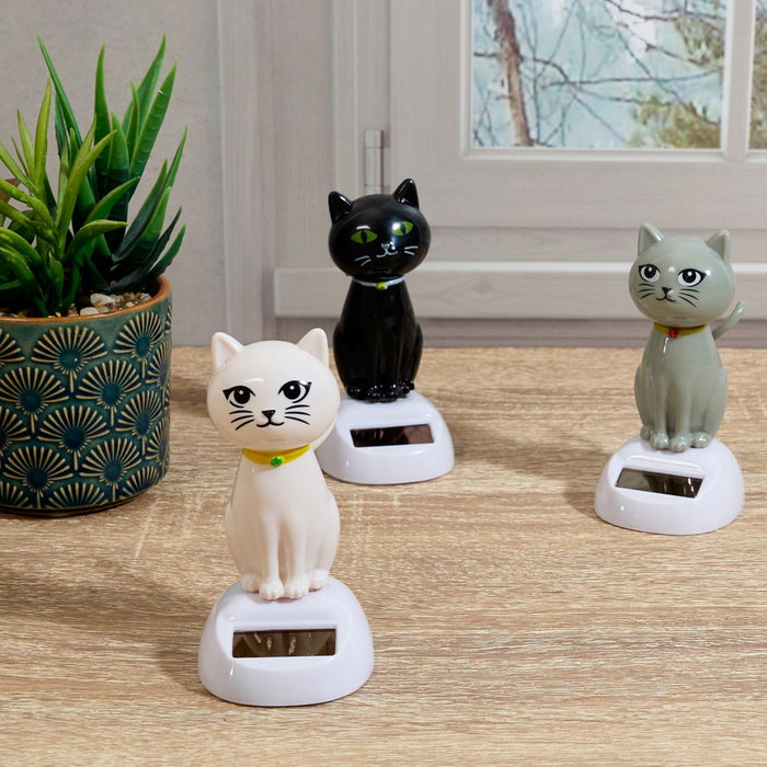 Mister Gadget Gato Bailarín Solar, Mueve la Cabeza con Luz, Blanco, Negro, Gris