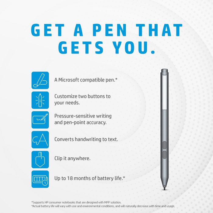 HP MPP 1.51 Pen Lápiz Compatible Microsoft con 2 Botones Personalizables, Punta de Precisión y 18 Meses de Batería para Portátiles HP