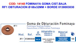 FOMINAYA Obturador de Goma para Cisterna Baja RF1 Ø68x18mm+Borde