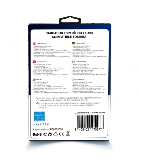 Eightt Cargador ETO90 90W 19V 4.74A para Toshiba y más