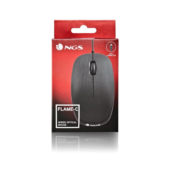 NGS FLAME-C Ratón Óptico Ambidiestro USB Tipo C Cable 1000 DPI Negro