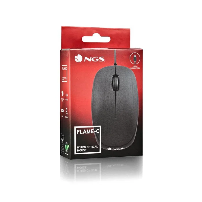 NGS FLAME-C Ratón Óptico Ambidiestro USB Tipo C Cable 1000 DPI Negro