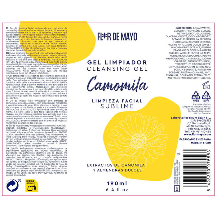 Flor De Mayo SUBLIME CAMOMILA gel limpiador facial - Para pieles grasas/acné y sensibles - Con extracto de camomila y almendras - Gel 190 ml Flor De Mayo SUBLIME CAMOMILA gel limpiador facial - Para pieles grasas/acné y sensibles - Con extracto de camomila y almendras - Gel 190 ml