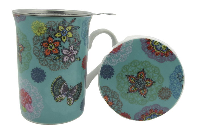 DKD Home Decor Set de 12 Tazas de Porcelana Floral Turquesa y Rojo