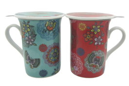 DKD Home Decor Set de 12 Tazas de Porcelana Floral Turquesa y Rojo