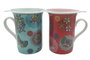DKD Home Decor Set de 12 Tazas de Porcelana Floral Turquesa y Rojo