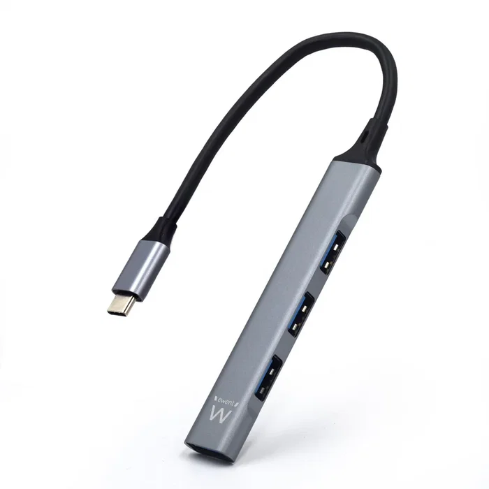 Ewent EW1145 Hub USB 3.2 Gen 1 Tipo-C a 4 Puertos USB-A - 1x USB 3.2 (5Gbps) + 3x USB 2.0, Plug & Play, Sin Fuente Externa, Gris/Plata