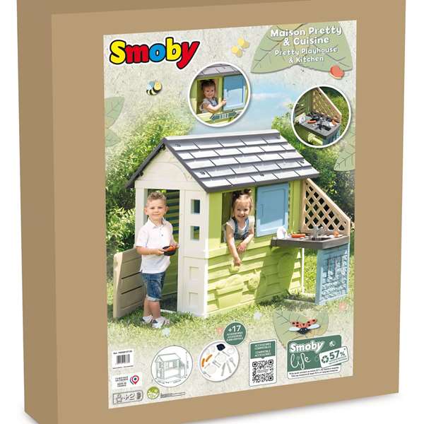 Smoby Casa de juguete con cocina Pretty para niños, medidas 145x127 cm, incluye 17 accesorios de cocina, edad recomendada 2 años, plástico