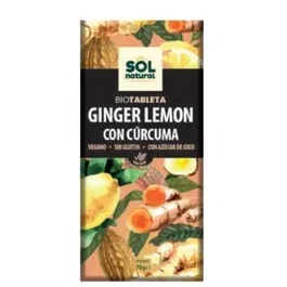 SOLNATURAL Chocolate con Jengibre, Limón y Cúrcuma 70g - Vegano, Sin Gluten, Bio
