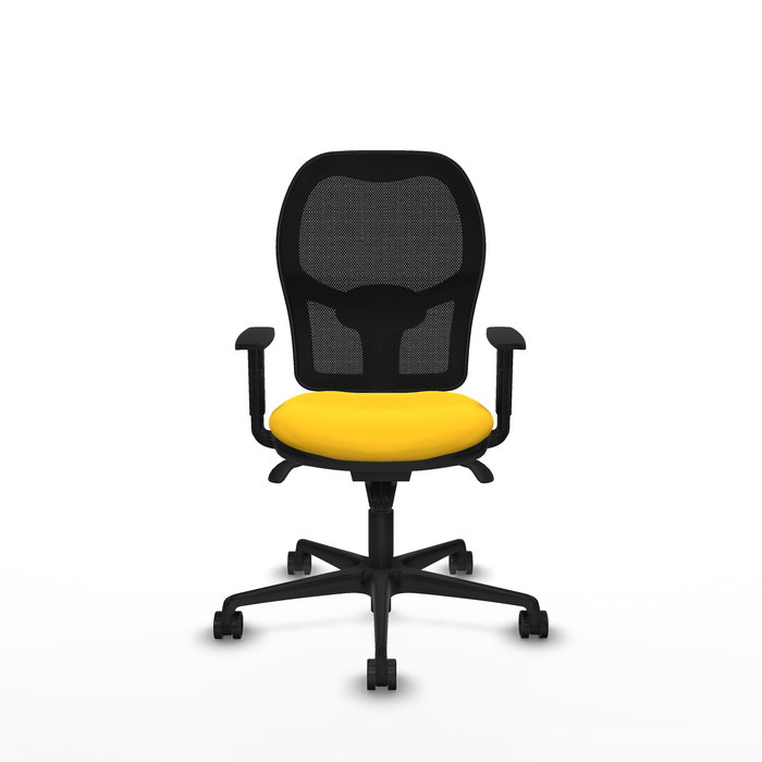 Silla de oficina Jorquera con mecanismo Sincro tapizada con Similpiel color Amarillo y malla color Negro. Equipada con lumbar 1D, Brazos 1D y Ruedas 65mm nailon