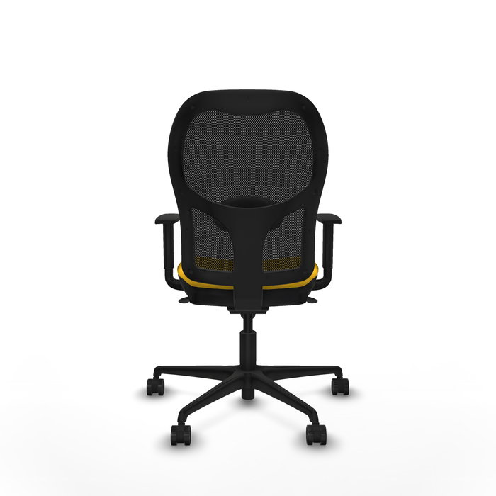 Silla de oficina Jorquera con mecanismo Sincro tapizada con Similpiel color Amarillo y malla color Negro. Equipada con lumbar 1D, Brazos 1D y Ruedas 65mm nailon