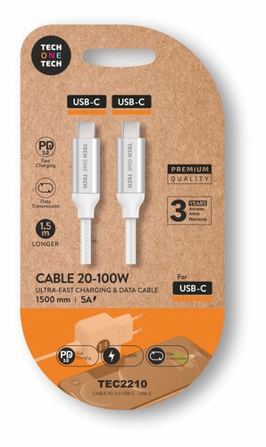 Tech One Tech Cable USB-C a USB-C TEC2210 100W 1,5m Blanco Tech One Tech Cable USB-C a USB-C TEC2210 100W 1,5m Blanco